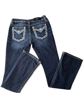 Miss Me Chloe Bootcut Dark Wash Embroidered Inset Faux Flap Pocket Jeans Size 28